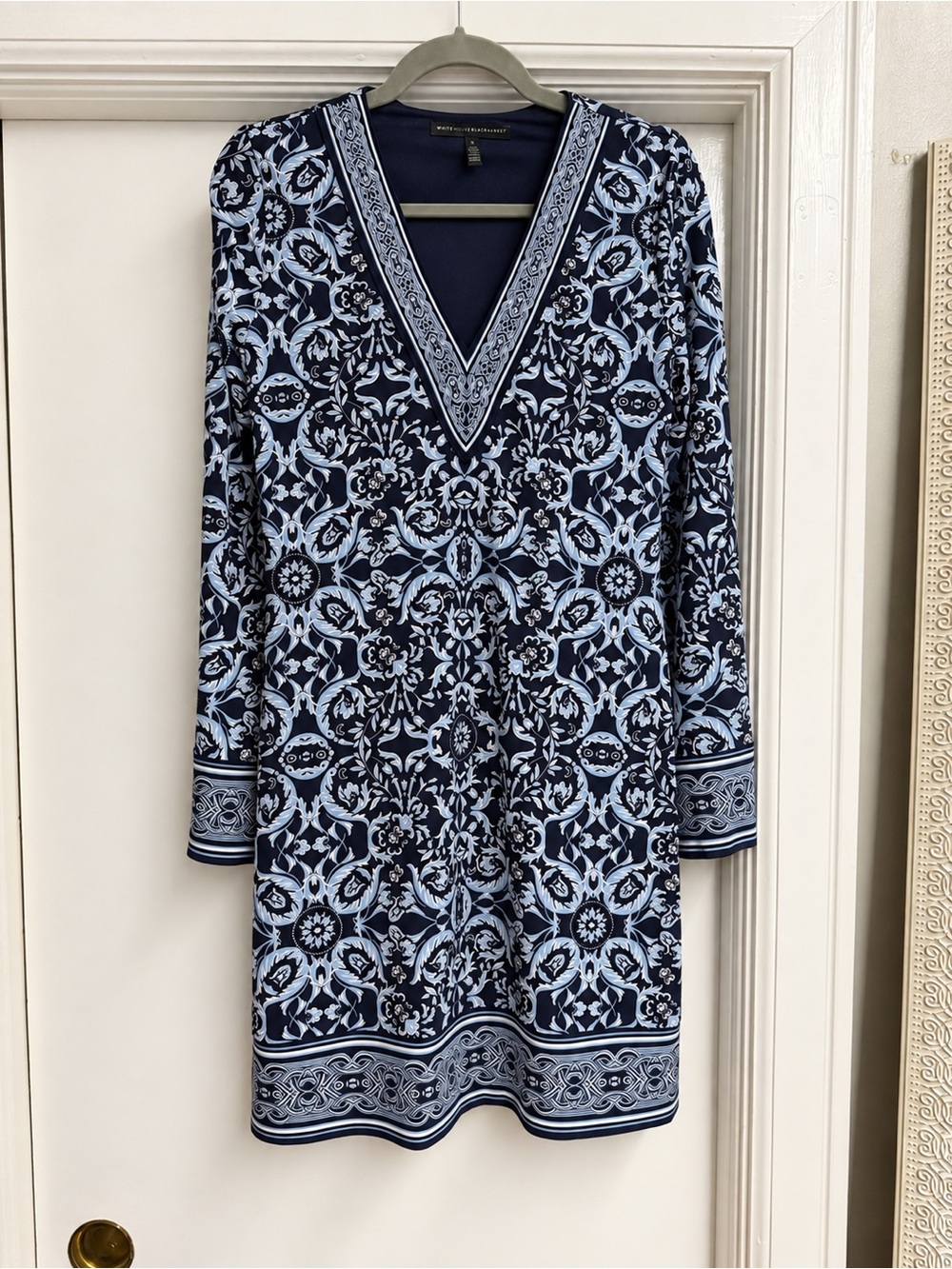 White House Black Market Navy and Light Blue V-Neck Printed Tunic Dress, Size S
